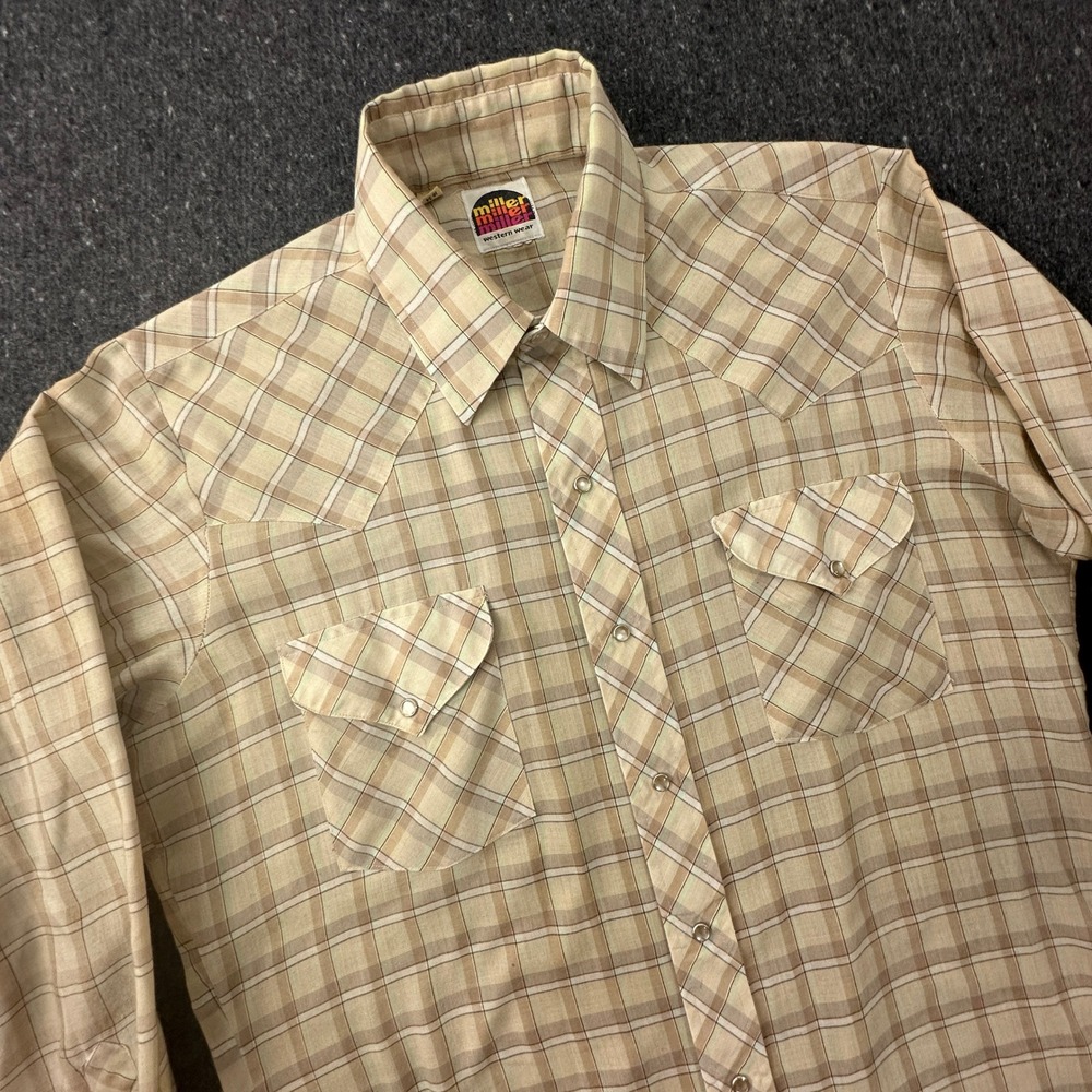 Vtg 70s Miller Western Wear Pearl Snap Shirt Mens 16 L Plaid Long Sleeve 1970s